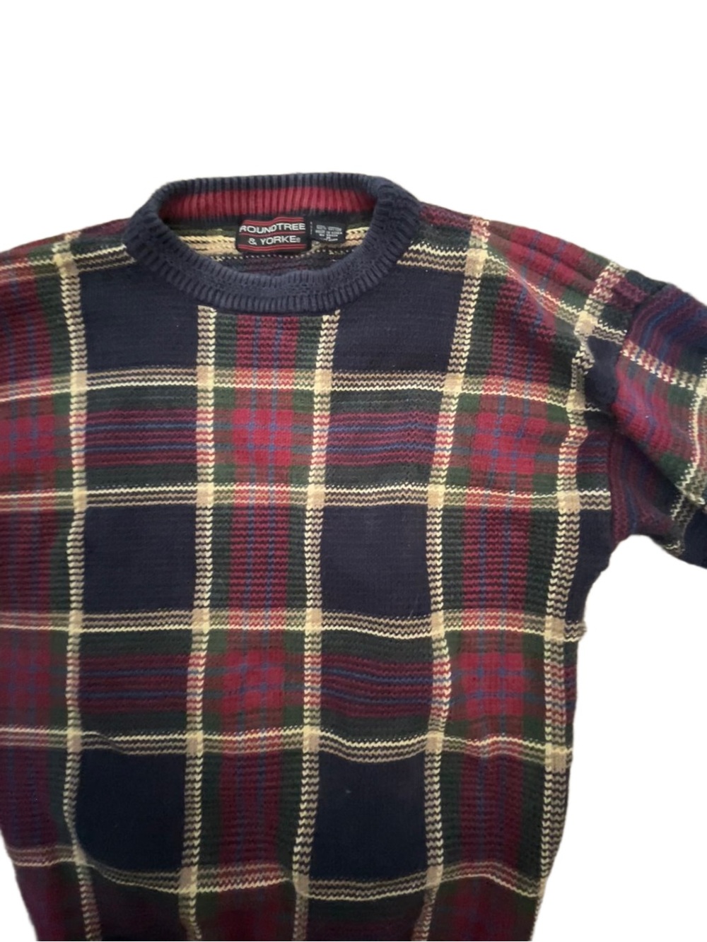 Roundtree & Yorke Navy, Red & Cream Plaid Crewneck Sweater